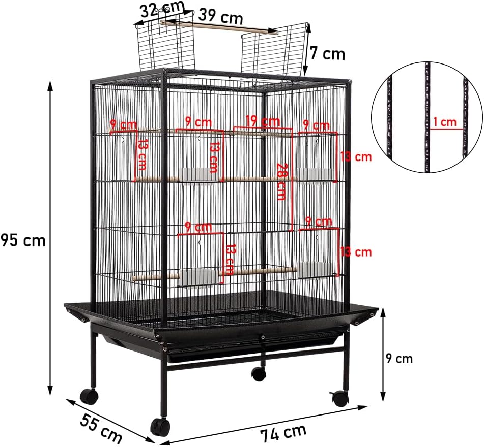 Bird cage open -top standing bird with removable tray, Multiple feeding bowls and, Perches,Wrought Iron bird cage for Lovebird, Cockatiel, and small sized birds 95cm (Black)