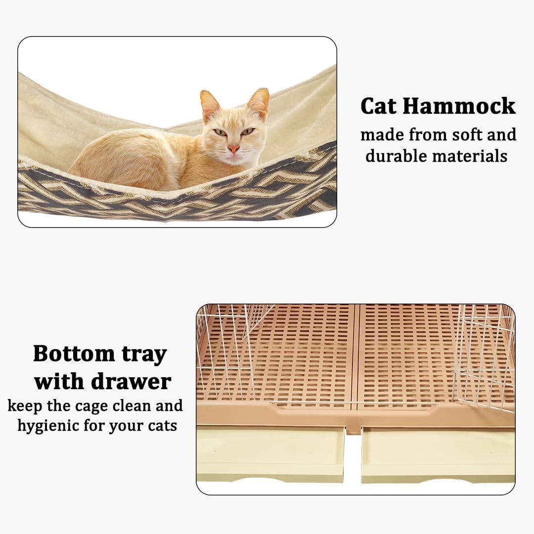 Large cat cage with 3 lockable doors, Hammock, Wide platforms, Climbing ladder, Removable tray, and Universal wheels, Durable metal wire cat cage for indoor & outdoor, Easy assembly 190 cm (Pink)