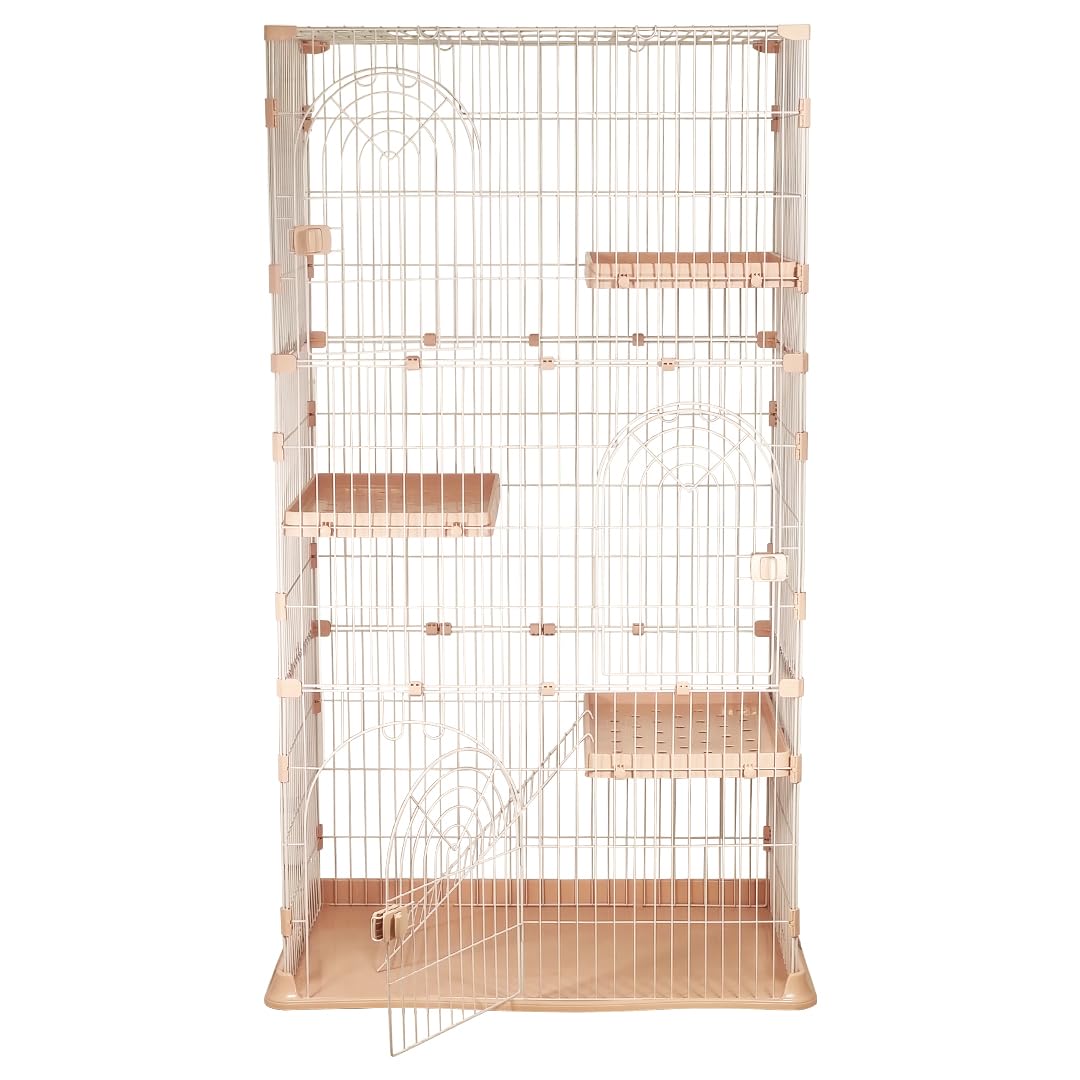 NNC PETS Large Cat Cage Playpen Kennel with Metal Wire - 177cm 3-Tier Cat Crate House - 3-lockable Doors, Wide Platforms, Climbing Ladder & Leak-Proof Plastic Base - Easy to Assemble (Pink, Large)