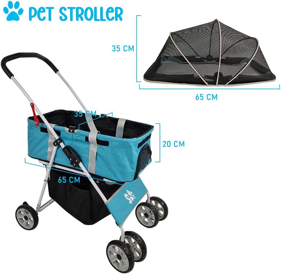 Dog Stroller | Pet Stroller for Cats & Dogs with Adjustable Canopy & Spacious Interior | Lightweight & Foldable | Storage Bag and Universal Wheels | Travel & Outdoor Cat Stroller 96 cm (Blue)