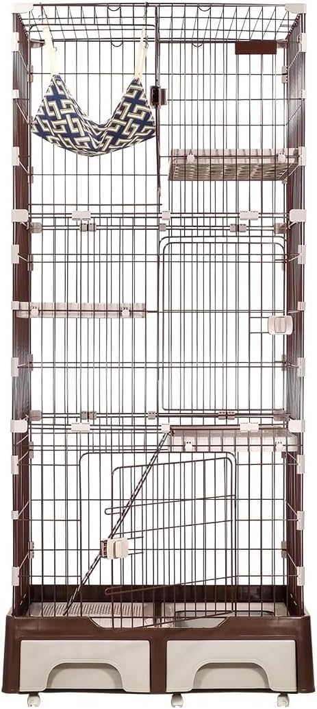 NNC PETS Large Cat Cage Indoor - 4-Tier Multi-Level Cat Crate Kennel with Hammock, Plastic Perches, Climbing Ladder, Litter Box Area & Universal Wheels, 81L x 56W x 186H cm (Chocolate, Large)