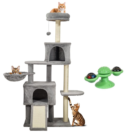 Multi-level cat tree tower for indoor cats, Sturdy climbing structure with Plush perch, Dangling ball, Cozy hammock, Double cat condos, and Sisal scratching board, Easy to assemble, 145 cm (Grey)