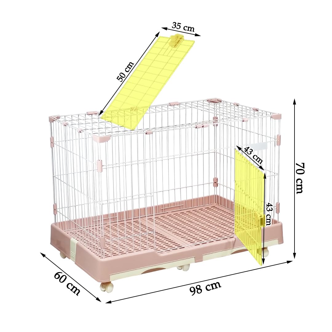 Pet Cage for Cat & Dogs | Dog Cage with Open-Top Design, Metal Wire, Lockable Door, Removable Tray and Universal Wheels | Ideal for Indoor/Outdoor | Easy to Assemble 98 cm (Pink)