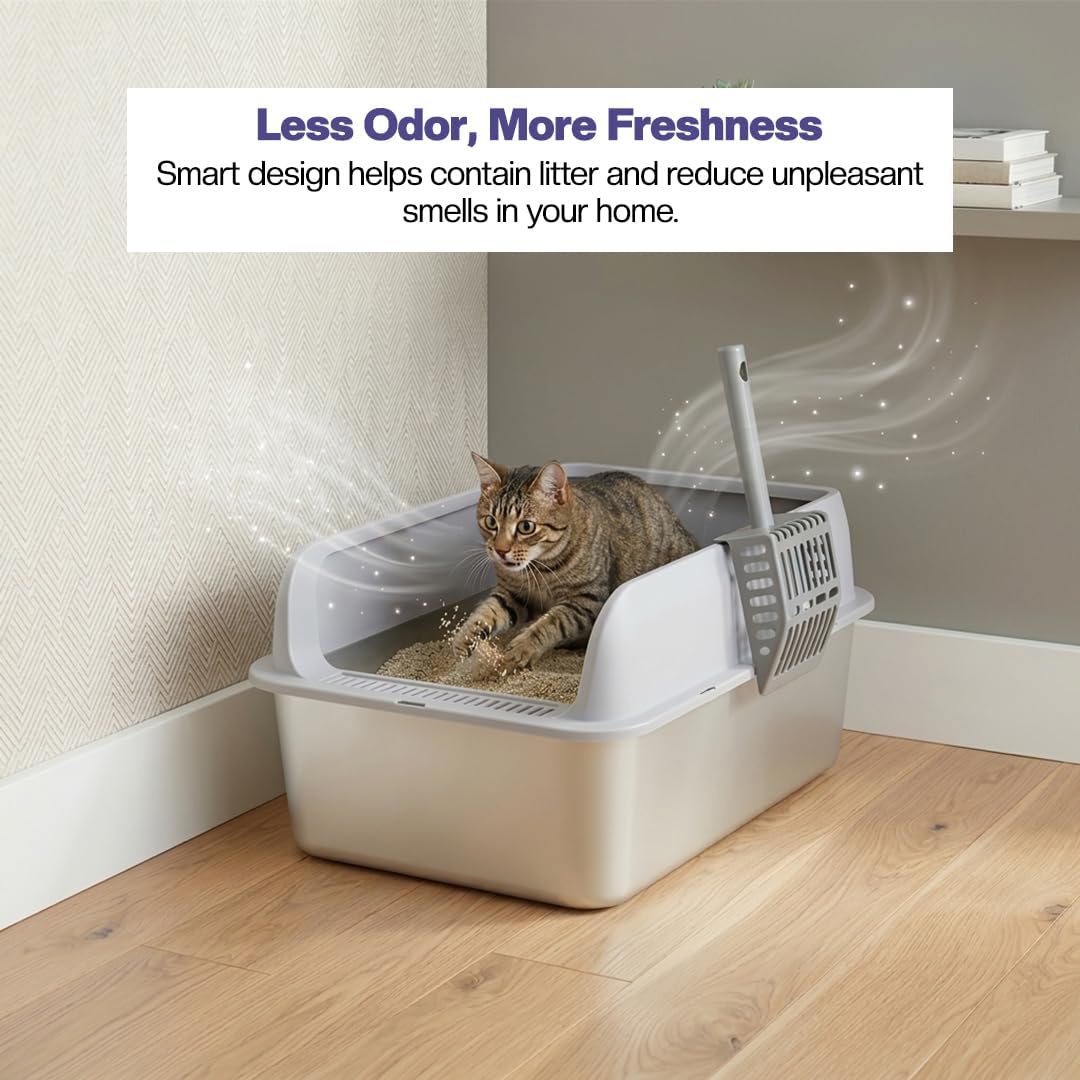 Stainless steel cat litter box with Scoop, Anti-splash design, Grid design, Non-stick, and Odor resistant, Open top kitty toilet for Indoor cats & kittens, Easy to clean