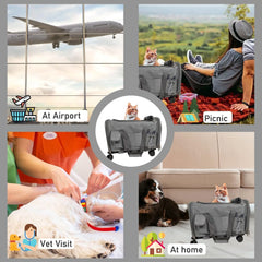 Pet stroller bag, Multifunctional cat & dog rolling luggage bag with Ventilated design, Telescopic handle, Side pockets, Shoulder straps, and Detachable roller wheels, Airline approved 90 cm (Grey)