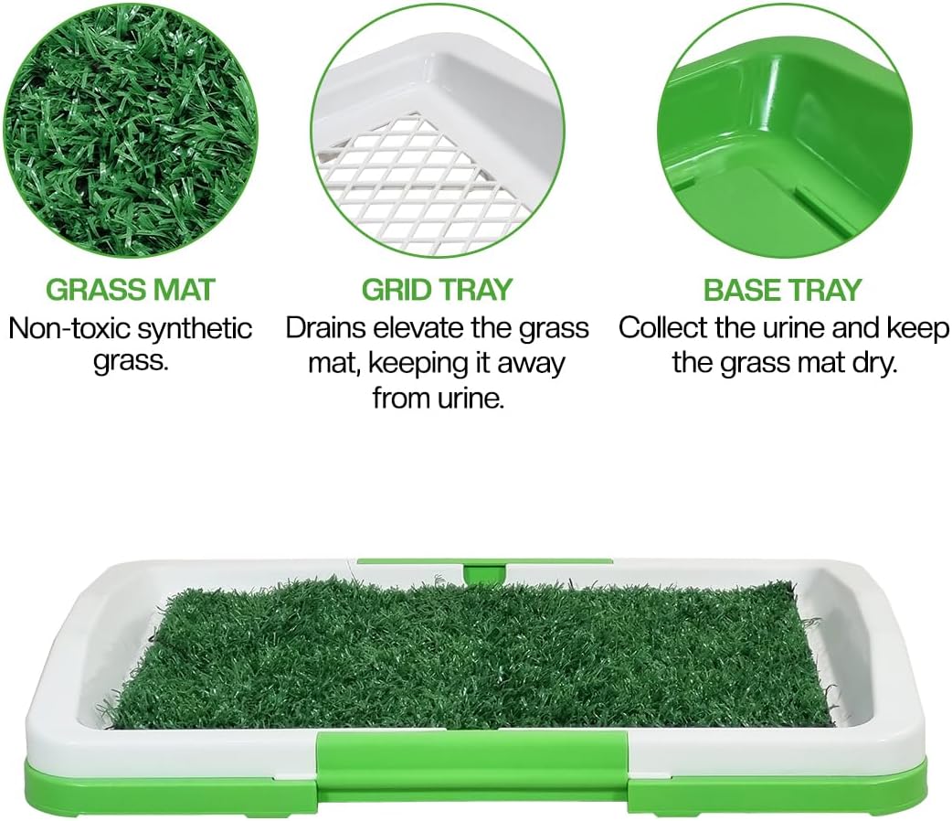 Puppy potty tray with 3-layer design, Odor-resistant mat, Grid, and Base tray, Artificial grass dog toilet for Indoor/Outdoor use, Ideal for Small dogs, Easy to clean, 47 cm (Green)