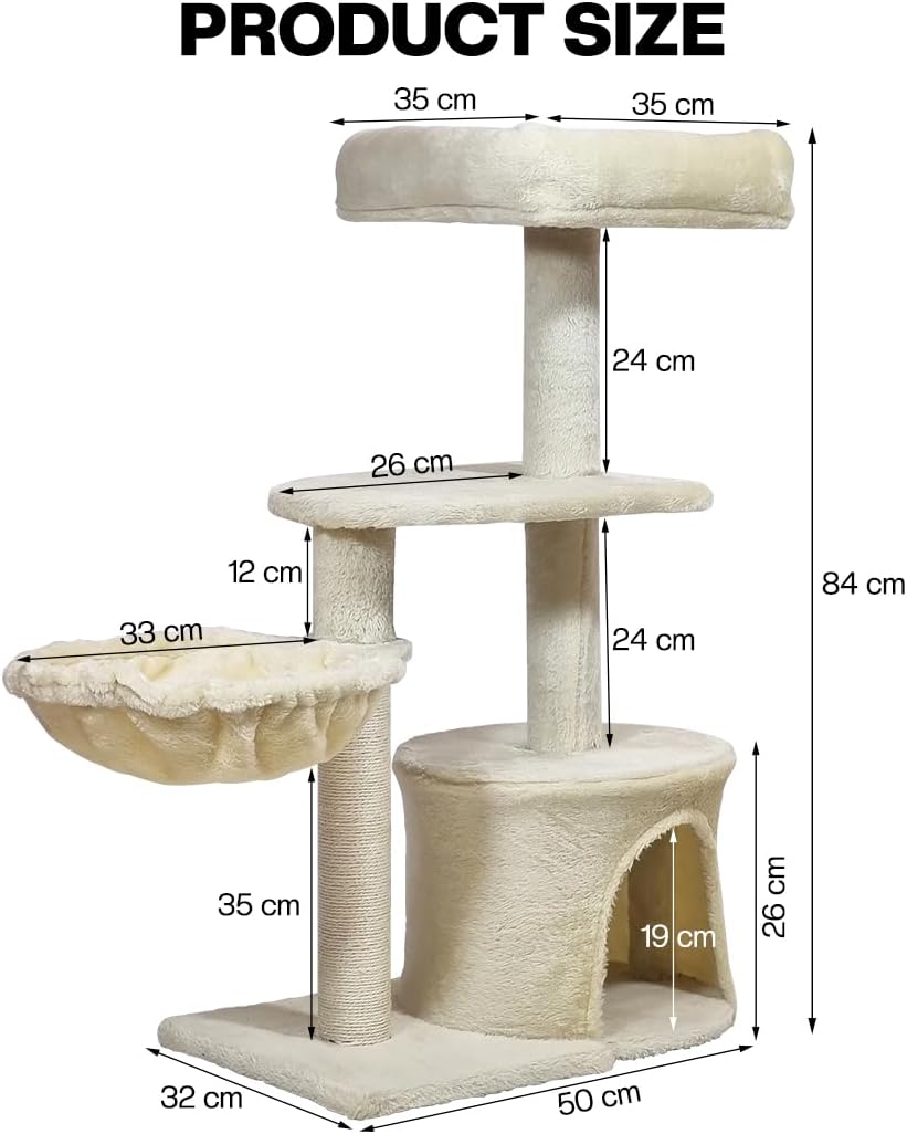 Modern cat tree with Padded perch, Plush hammock, Cozy condo, and Natural sisal scratching post, Multi-tier cat climbing tower for Indoor cats & Kittens, Easy to assemble, 84 cm
