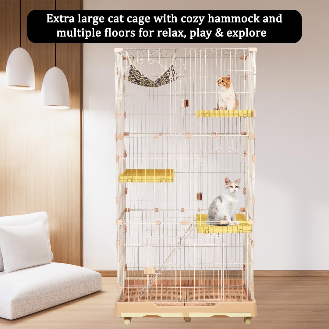 Large cat cage with 3 lockable doors, Hammock, Wide platforms, Climbing ladder, Removable tray, and Universal wheels, Durable metal wire cat cage for indoor & outdoor, Easy assembly 190 cm (Pink)