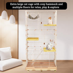 Large cat cage with 3 lockable doors, Hammock, Wide platforms, Climbing ladder, Removable tray, and Universal wheels, Durable metal wire cat cage for indoor & outdoor, Easy assembly 190 cm (Pink)
