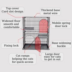 Cat cage with Durable metal wire, Wide plastic perch, Lockable door, and Climbing ladder, double-layer cat cage enclosure for Cats & Kittens, Suitable for indoor/outdoor use 117 cm (Grey)