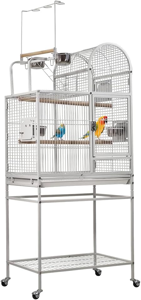 Bird Cage - Wrought Iron Stainless Steel with Storage Shelves White Lovebirds Cage and 4 Feeding Bowls - 160 cm | Toy Hooks above the Top Bird Perch | Perch for Birds | Food Container