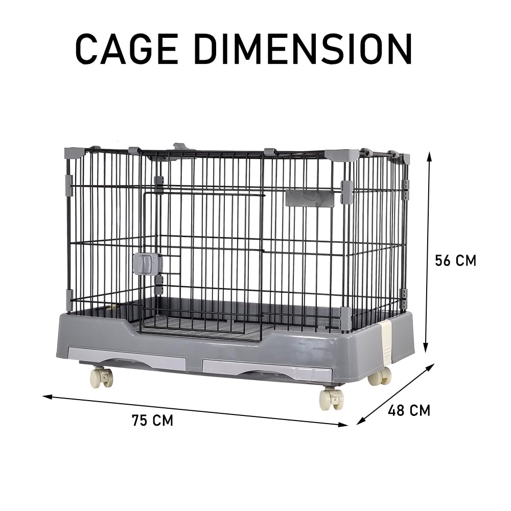 Cat cage playpen for cats & small dogs, Durable meta wire cat cage with Open-top design, Lockable door, Removable tray, and Universal wheels, Ideal for indoor/outdoor, Easy assembly 75 cm (Grey)