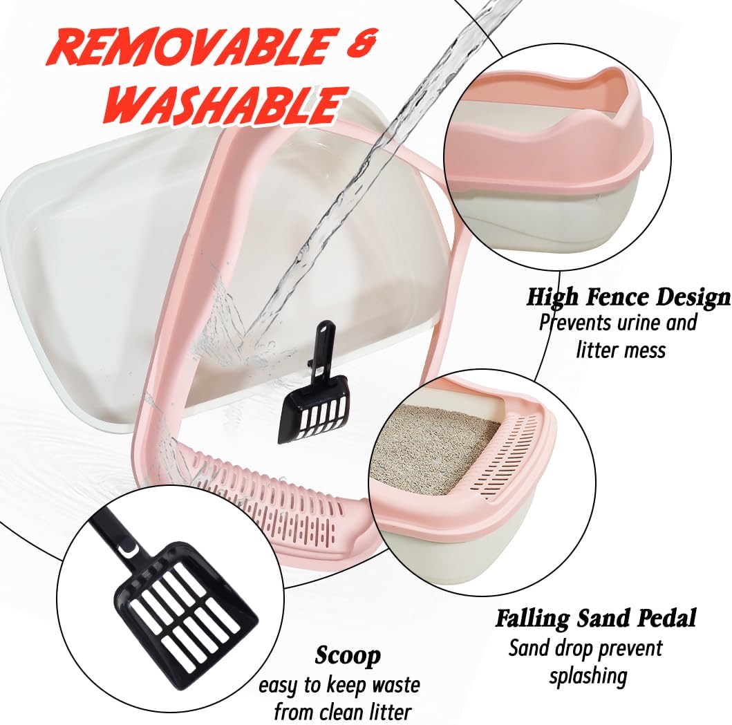 Anti-splash cat litter box with Enclosed design, Easy to clean, Durable plastic material and Removable, Cat Litter Pan with Scoop, Portable, Large size, High fence, and All size cats