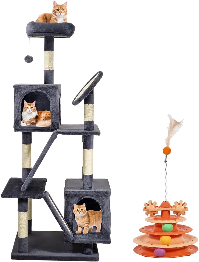 Cat Tree for Big Cats - 160 cm Multi-level Cat Tower with Spacious Resting Area, Cat Turntable Toy, Dangling Ball & Sisal Scratching Post, Easy to Assemble (Ash Grey, Large)