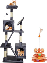Cat Tree for Big Cats - 160 cm Multi-level Cat Tower with Spacious Resting Area, Cat Turntable Toy, Dangling Ball & Sisal Scratching Post, Easy to Assemble (Ash Grey, Large)