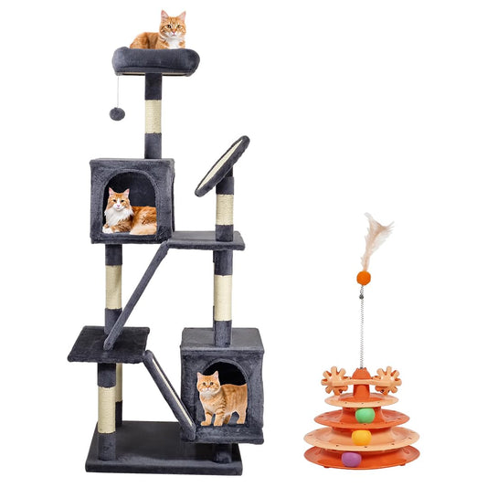 Multi-level cat tree tower with Cat turntable toy, Dangling ball, Sisal scratching board, Durable perch, and Cozy cat condo, Sturdy indoor cat tree for Climbing, Play & Rest, 160 cm (dark grey)