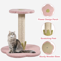 Cat tree scratcher for small cats & kittens, Cat tree activity center with Flower design perch, Natural sisal scratching post, and Sturdy wooden base, Ideal for indoor use, Easy assembly 36 cm (Pink)