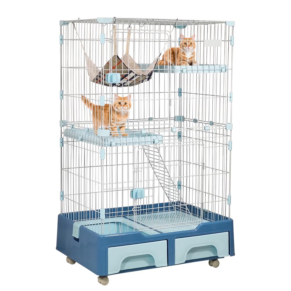 Cat cage playpen for Multi-cat household, 3-tier cat cage with Cozy hammock, Wide platform, Climbing ladder, Build-in litter box, and Universal wheels, Ideal for indoor/outdoor use 133 cm (Blue)