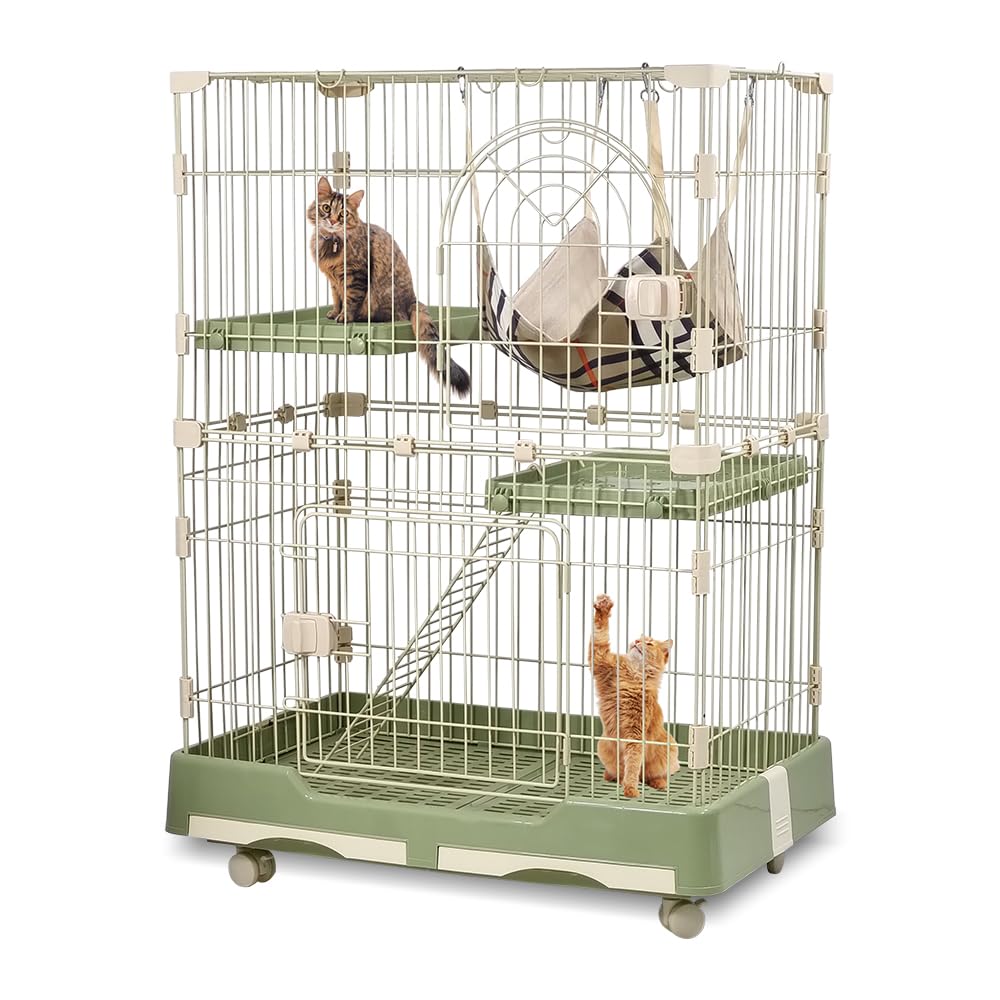 NNC PETS 2-Tier Cat Cage Indoor - Metal Wire Cat Crate Playpen Kennel with 2 Lockable Doors, Climbing ladder, Removable Tray &b Universal Wheels - Easy Assembly, 102 cm(Green, Medium)