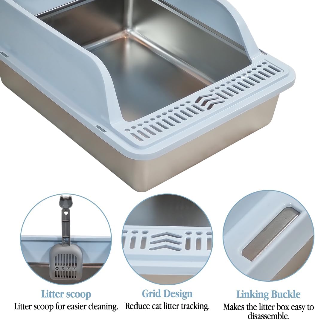 Semi-enclosed stainless steel cat litter box with a Litter scoop, Grid design, and High wall side cover, Durable litter box for Indoor cats, Detachable design for easy cleaning, 50 cm