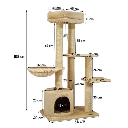 Cat Tree for Big Cats with Top Soft Plush | 108cm Cat Tower Activity Center | Dangling Mouse & Sisal Scratching Post | Hammock & Cozy Cat Condo | Easy to Assemble (Beige, 108 cm)