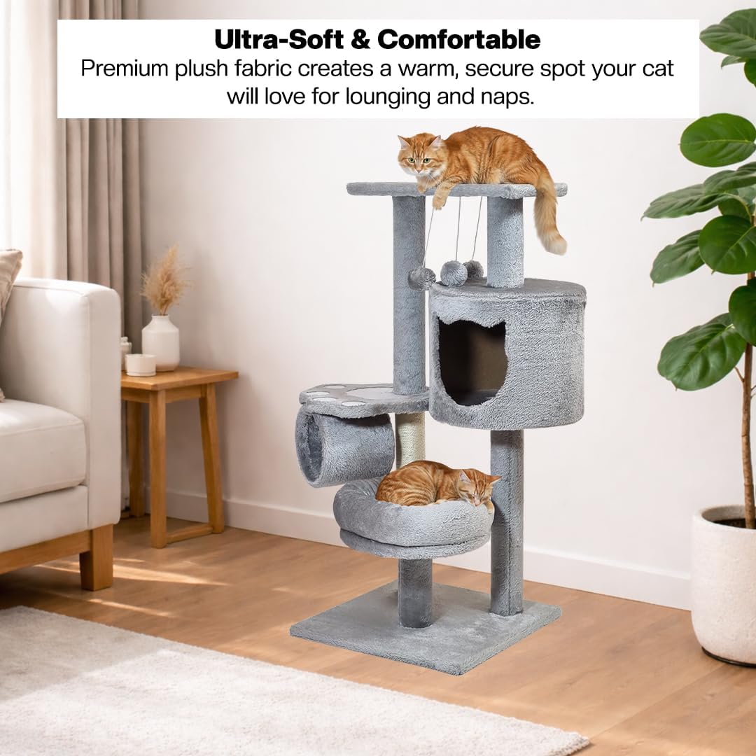 Cat tree for Indoor cats & Kittens, Space-saving cat climbing tower with Elevated perch, Hanging toys, Sisal scratching post, Soft plush condo, and Tunnel bed, Easy to assemble, 90 cm (Grey)