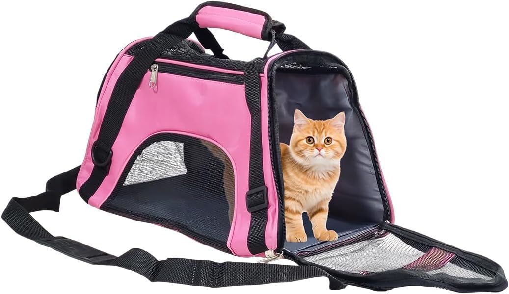 Pet carrier bag with Breathable mesh, Portable, Easy handle and Adjustable shoulder strap, Pet travel bag for cats & small dogs, Comfortable mat and Storage pocket, Ideal for Outdoor, 42 cm