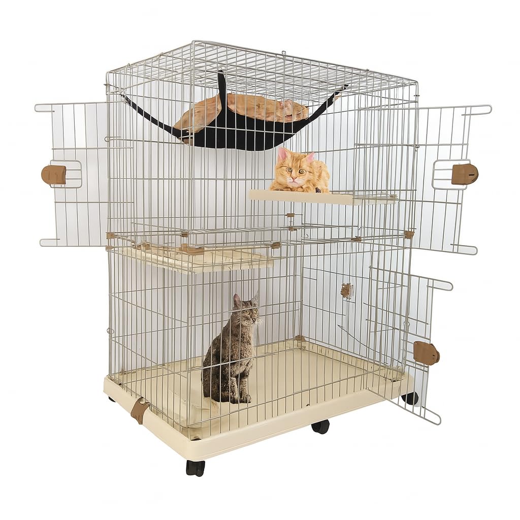 NNC PETS Cat Cage Kennel with 2-lockable Doors - 2-Tiier Metal Wire Pet Cat House Playpen for Indoor Cats - Cozy Hammock, Climbing Ladder, Drawer Tray & Universal Wheels, Easy Assembly (Beige, 115 cm)