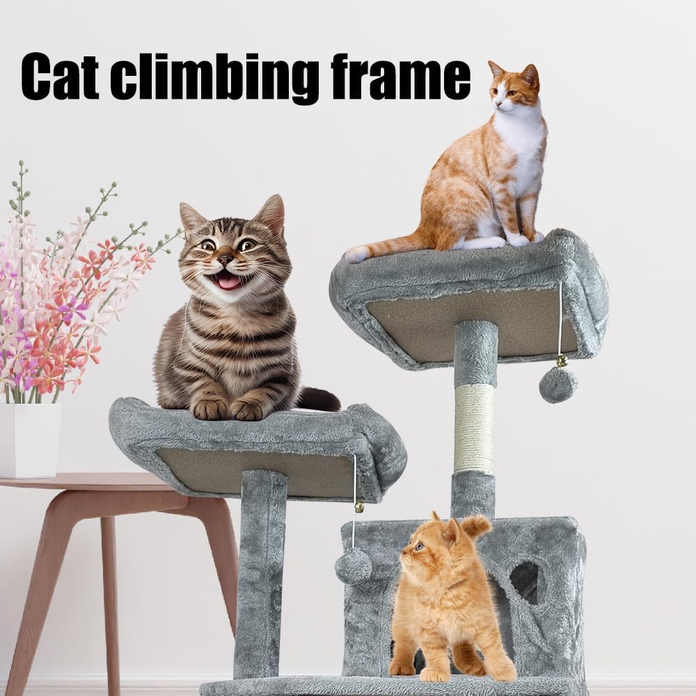 Cat tree tower with Multiple perches, Dangling balls, Sisal scratching post, Spacious cat condos, and Cozy hammock, Multi-level cat tree activity center for indoor cats, Easy assembly 143 cm (Grey)