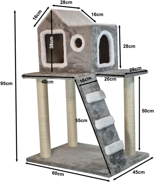 Cat Tree with House Design - 95cm Cat Tower House with Climbing Ladder - Cat Condos & Cat Scratching Post - Premium Pet Tree for Indoor Cats & Kittens - Easy to Assemble (Light Grey)
