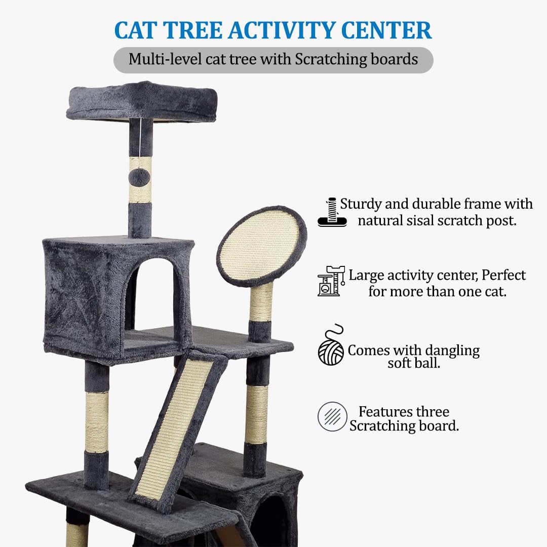 160 cm Cat Tree for Big Cats - Multi-level Indoor Cat Tower with Soft padded Perch, Dangling Ball, Sisal Scratching Board & Comfortable Cat Condo, Easy to Assemble (Grey, Large)