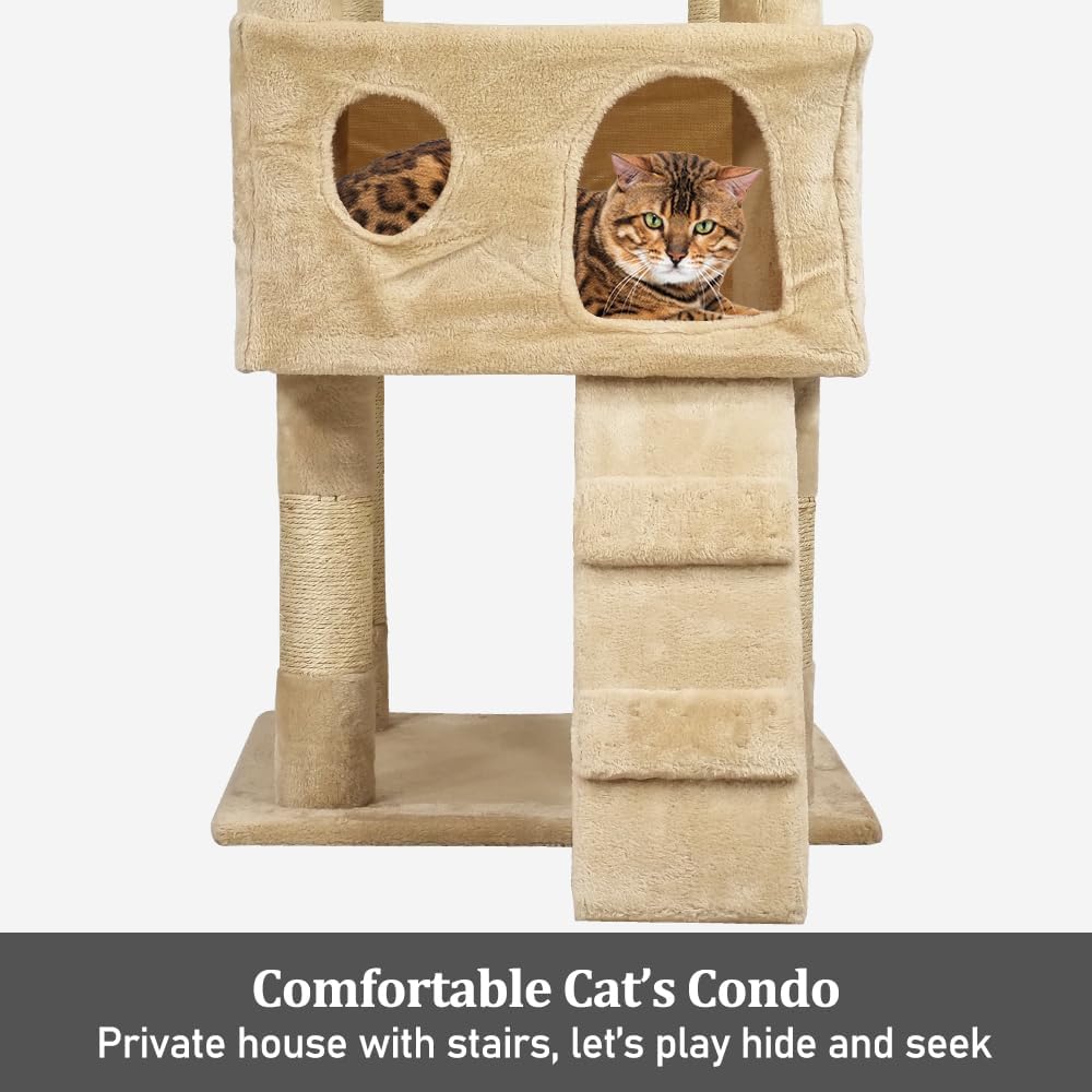 Multi-level cat tree tower with Double perches, Sisal scratching post, Spacious cat condos, and Climbing ladder, Durable cat tree tower for indoor cats, Interactive cat playhouse 170 cm (Beige)