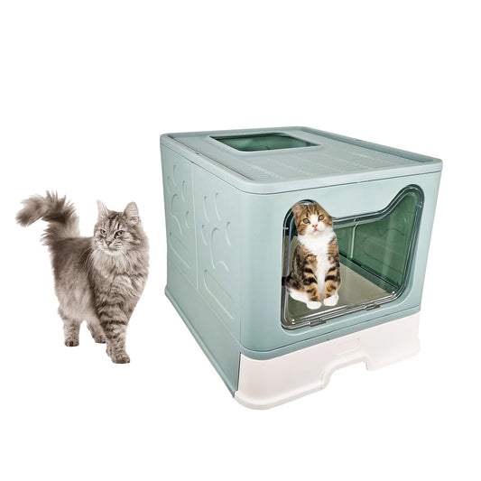 Foldable enclosed cat litter box with Top and Front entry, Transparent door, Splash-proof design, Sand filter pedal, and Litter scoop, Easy to clean indoor cat toilet for small cats 50 cm (Green)