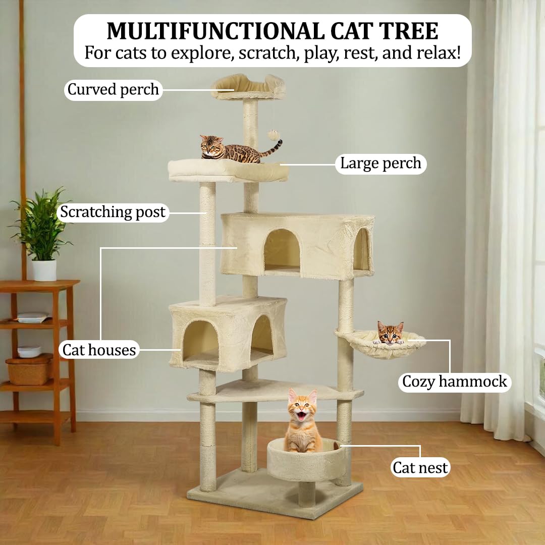 183cm Cat Tree Tower Indoor - Sisal Scratching Post with Soft Perches - Cozy Cat Condos & Bottom Cat Nest - Tall Cat Tree Activity Center for Big Cats to Climb & Relax (Beige)