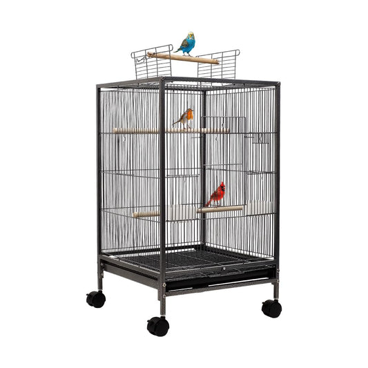 Bird cage with Open-top design, Wooden perches, Food bowls, Removable tray, and Universal wheels, Durable wrought iron bird cage for Lovebirds, Canaries, and Budgies, Easy assembly, 79 cm (Black)