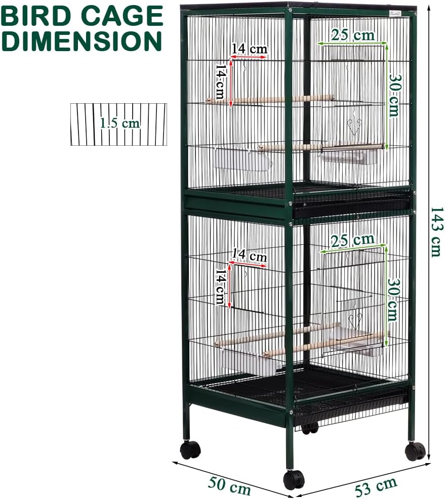 Spacious Dual Bird Cage with Durable and Vertical Design, 143 cm Parrot cage with 4 Wheels, Trays, and Wooden Perches, Partition cage for Indoor-Outdoor use, and Easy to clean (Green)