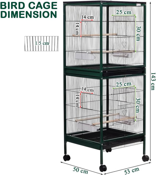 Spacious Dual Bird Cage with Durable and Vertical Design, 143 cm Parrot cage with 4 Wheels, Trays, and Wooden Perches, Partition cage for Indoor-Outdoor use, and Easy to clean (Green)