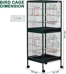 Spacious Dual Bird Cage with Durable and Vertical Design, 143 cm Parrot cage with 4 Wheels, Trays, and Wooden Perches, Partition cage for Indoor-Outdoor use, and Easy to clean (Green)