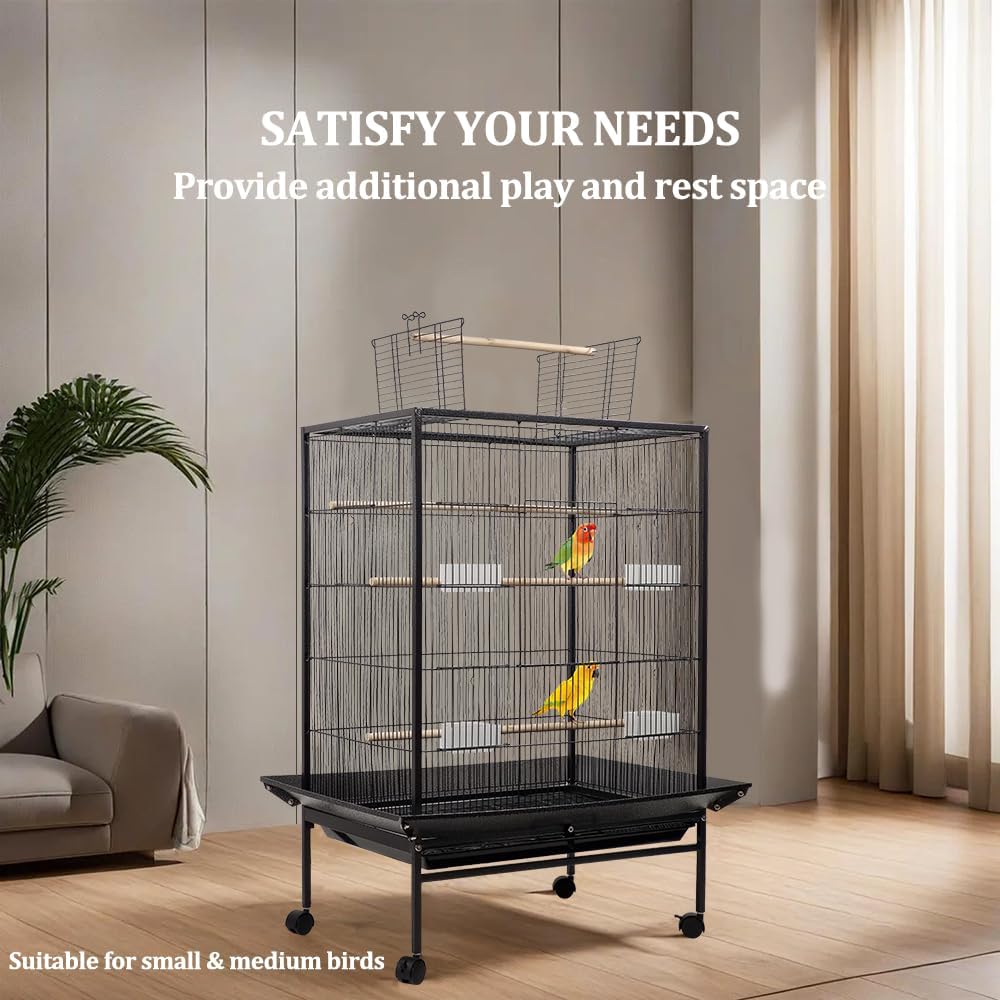 Bird cage open -top standing bird with removable tray, Multiple feeding bowls and, Perches,Wrought Iron bird cage for Lovebird, Cockatiel, and small sized birds 95cm (Black)