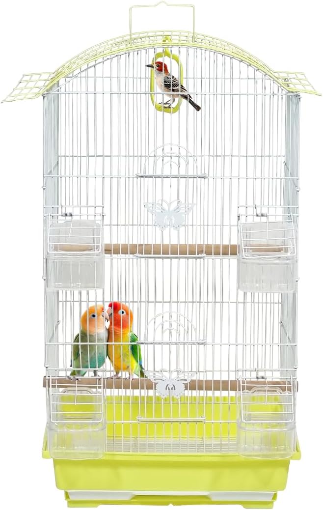 Small Bird Cage with Perches, Feeders and Swing, Ideal for Parakeets, Lovebirds, and Small Parrots, 62 cm Metal Cage with Hanging, Pull-out Tray, Portable, Durable and Top-Roof Design (Yellow)