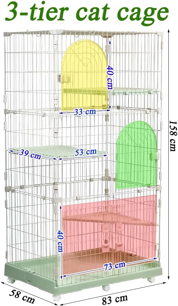 3-Tier Cat Cage with Locking Wheels, Wide Shelves, Multi-Access Door, and Sturdy Metal Wire, 158 cm Cat Playpen for Indoor-Outdoor Use, Durable Pet Crate, Easy to Assemble and Easy to Clean, Green
