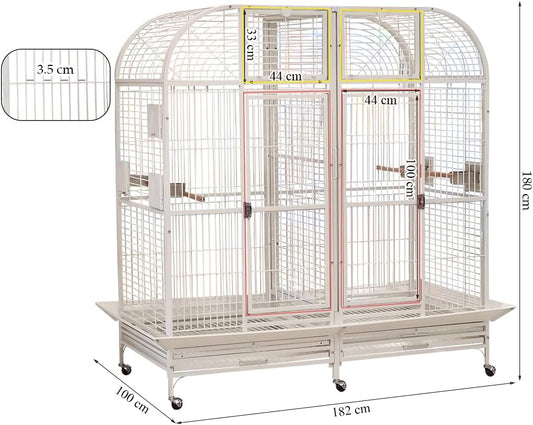 Extra large bird cage for Parrots, Macaws, and Other large birds, Heavy-duty Partition cage with Wooden perches, Feeding cups, Lockable door, Removable tray, and Universal wheels 180 cm (White)