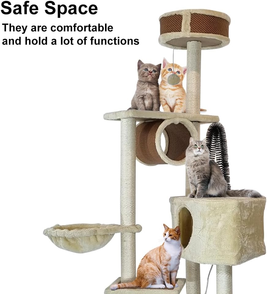 Multi-level cat tree tower with Perch, Dangling ball, Sisal scratching post, Cat tunnel, Cozy hammock, Durable cat condo, and Large hammock, Cat tree activity center for indoor cats 156 cm (Beige)