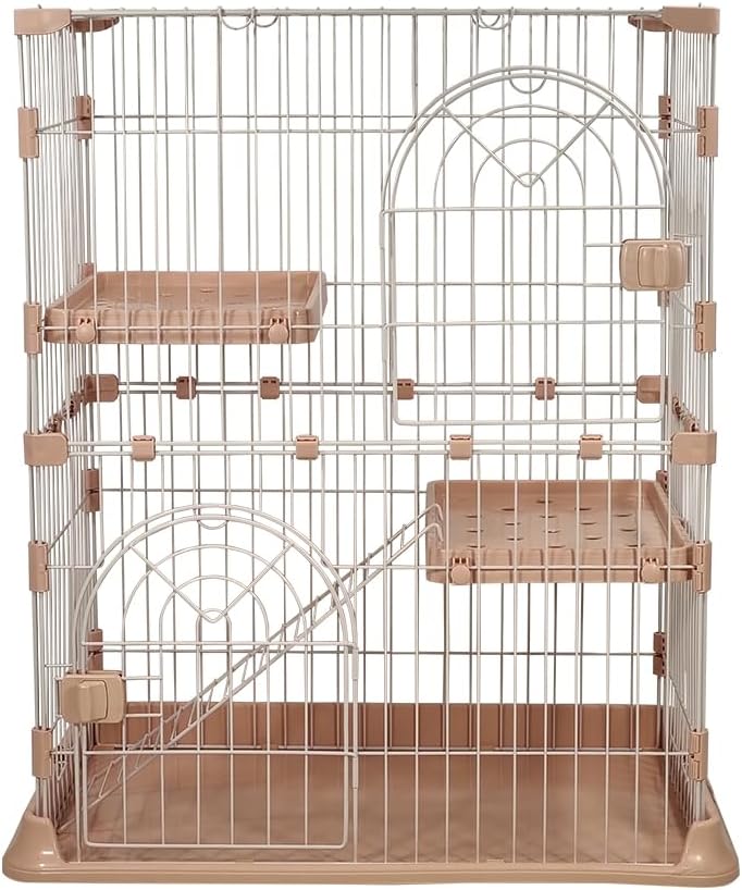 Cat cage with 2-Tier design, Wide platforms, 2 Lockable doors, and Climbing ladder, Durable metal wire pet cage for Indoor cats & kittens, Ideal for indoor/outdoor use, Easy to assemble 88 cm (Pink)