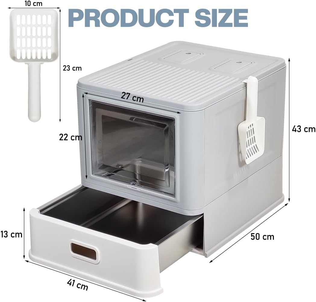 Enclosed stainless steel cat litter box with Lid, Drawer design, Litter scoop, Durable PS material, and Odor control filter, Ideal for Small to Large cats, Easy to clean, 50 cm