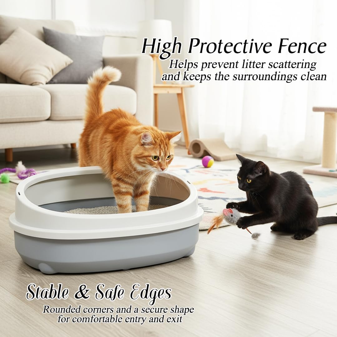 Cat litter tray with Deep basin box, Splash-proof, and Semi-enclosed toilet for Kittens to Adult cats, 50 cm Durable plastic tray with Scoop, Detachable design, easy to clean and Stable base (Grey