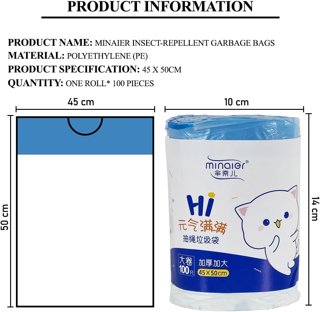 Drawstring garbage bags with Leak-proof design, Multi-purpose high-density polyethylene disposable trash bags, Suitable for Kitchen, Bathroom, Living room, and Office, 100 Counts (White)