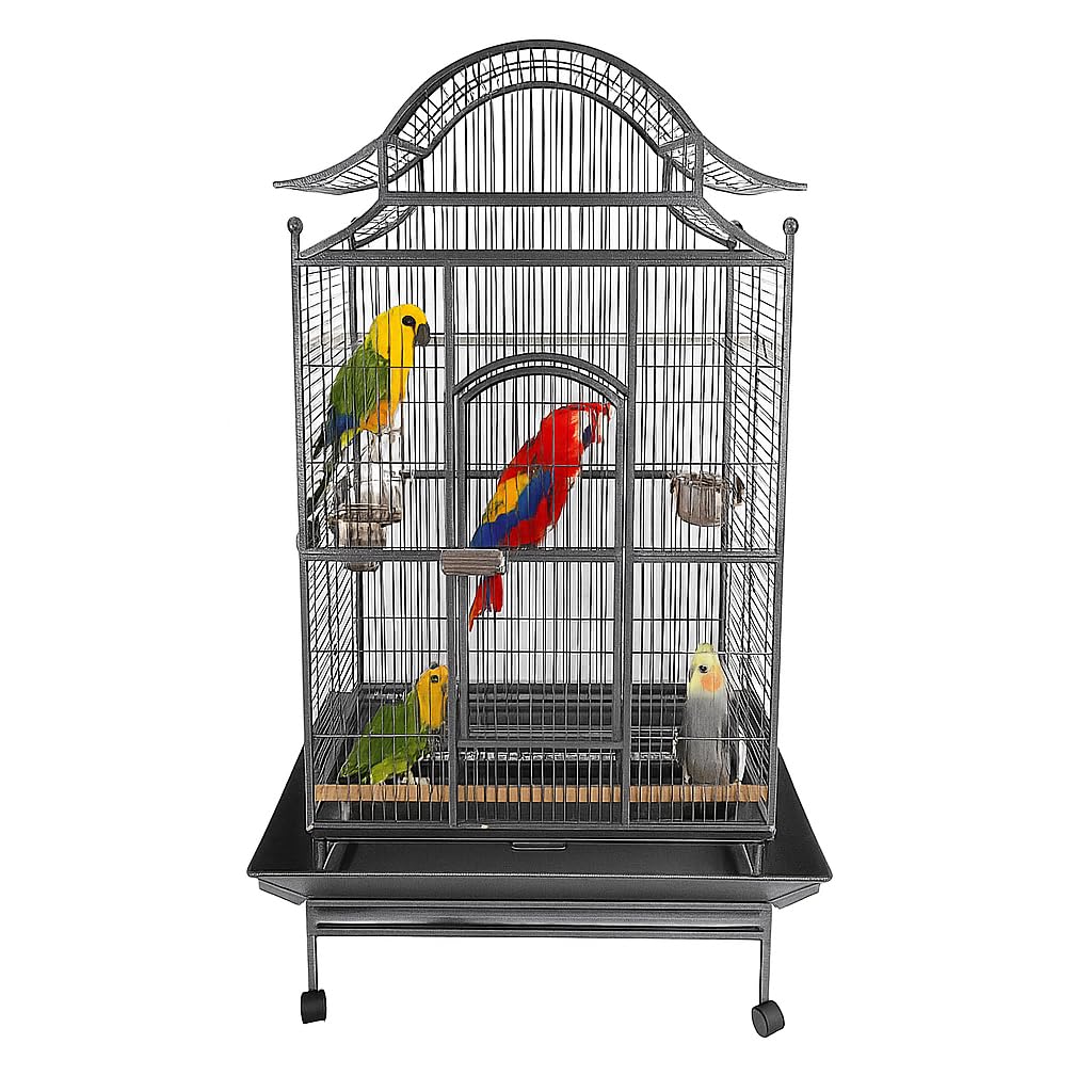 Large Bird Cage for Parrots, Macaws & Other Birds - 180cm Durable Metal Cage with Wooden Perches, Feeding Bowls, Removable Tray & Universal Wheels - Ideal for Indoor & Outdoor (Pitch Black, Large)