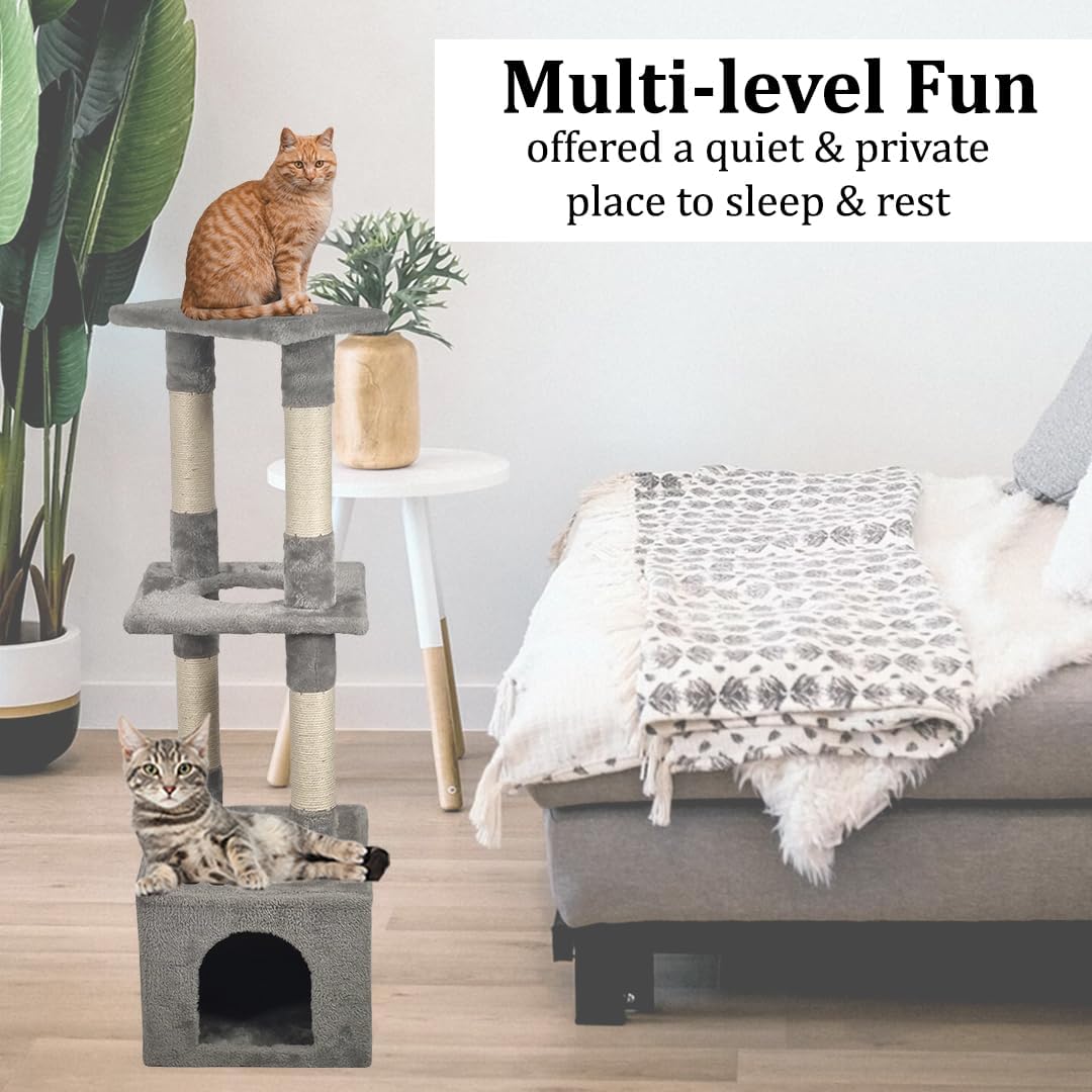 Cat tree scratching post for indoor cats & kittens, Durable cat tree climbing frame with Perch, Natural sisal scratching post, and Spacious cat condo, Easy to assemble 110 cm (Grey)
