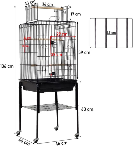 Rolling Bird cage with Open top design, Detachable stand, Feeding bowls, Slide-out tray, Storage shelf, and Universal wheels, Sturdy metal bird cage for Lovebirds and Budgies, 136 cm (Black)